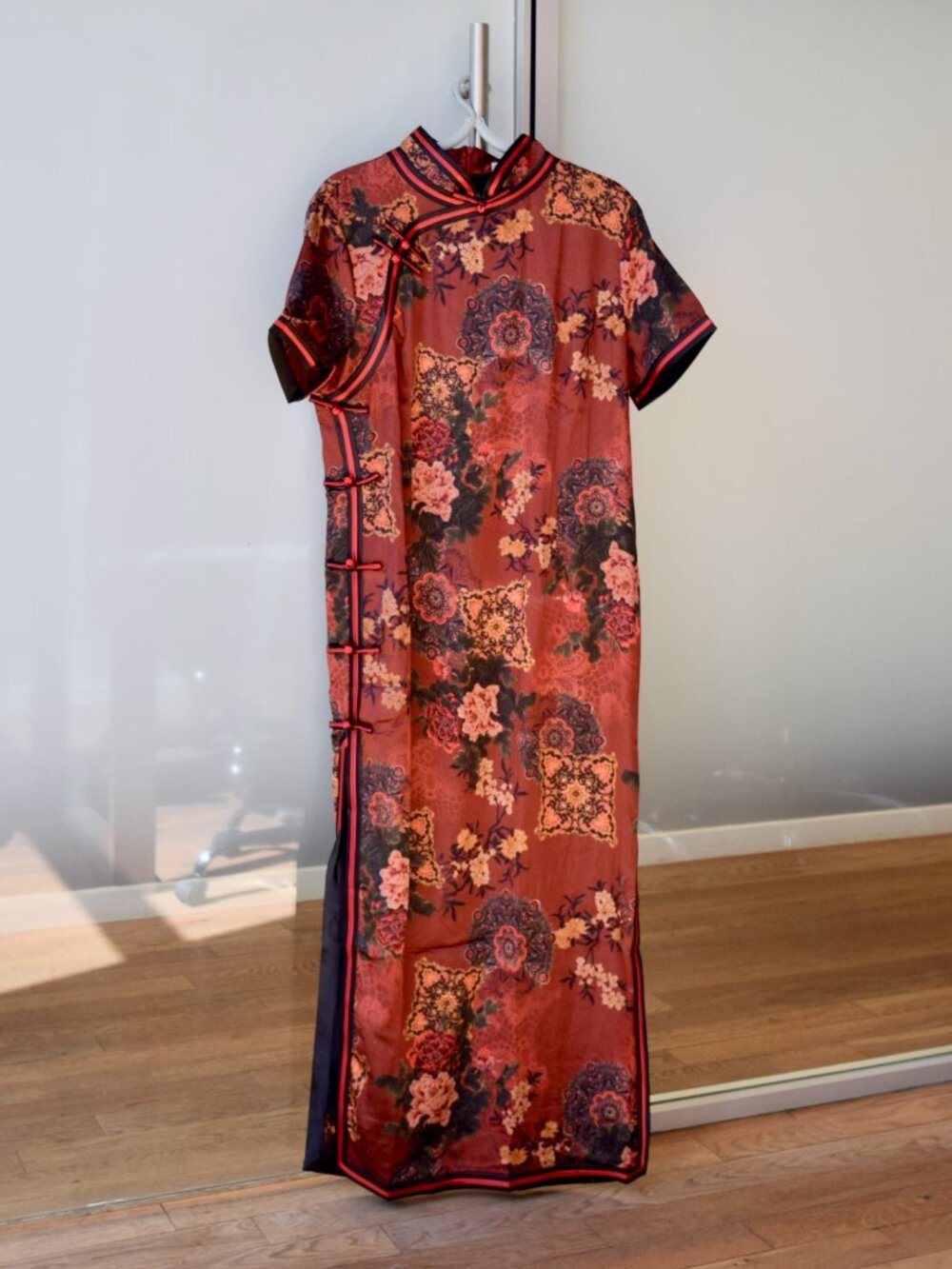 Red Flora Printed Satin Long Qipao - Chinese New Year Christmas Dress